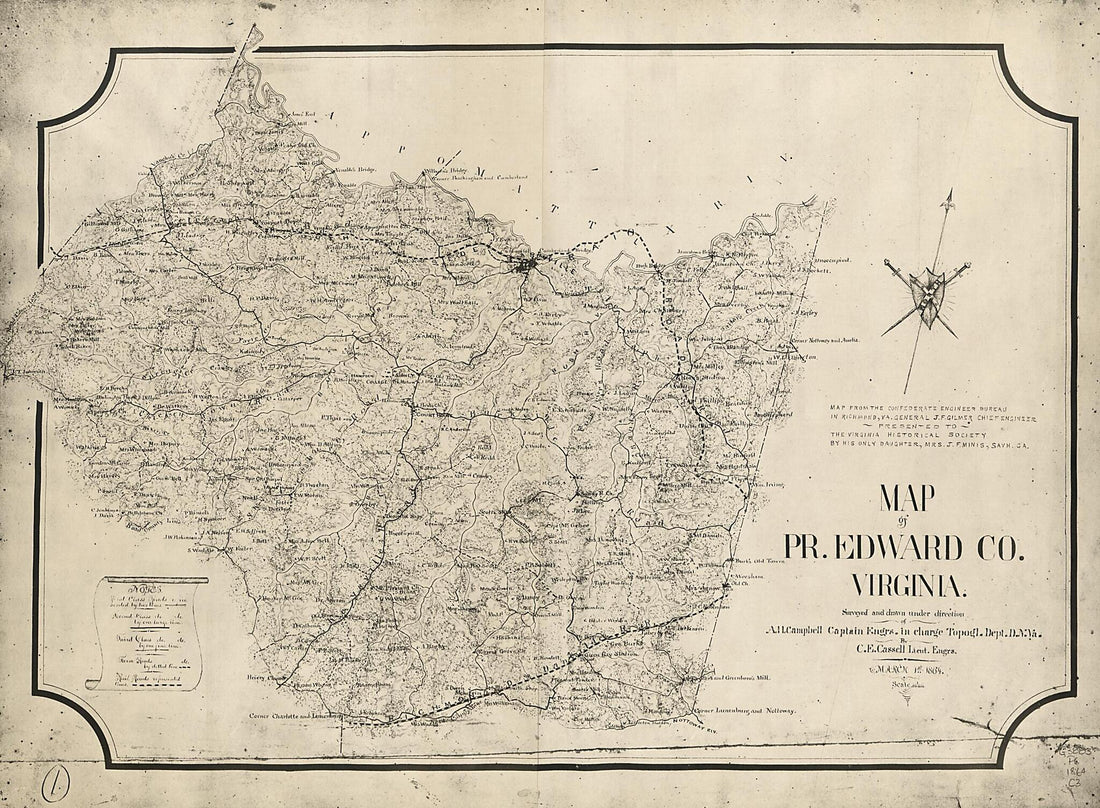 This old map of Map of Pr. Edward County, Virginia (Map of Prince Edward County, Virginia, Prince Edward County, from 1864) was created by Albert H. (Albert Henry) Campbell, Charles E. Cassell,  Confederate States of America. Army. Department of Northern