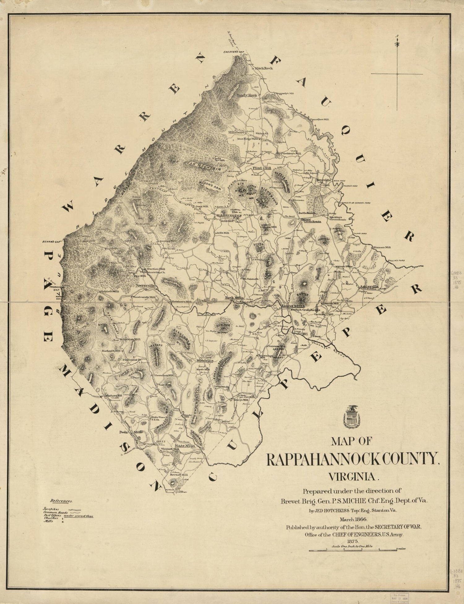 This old map of Map of Rappahannock County, Virginia from 1866 was created by Jedediah Hotchkiss, Peter Smith Michie,  United States. War Department in 1866