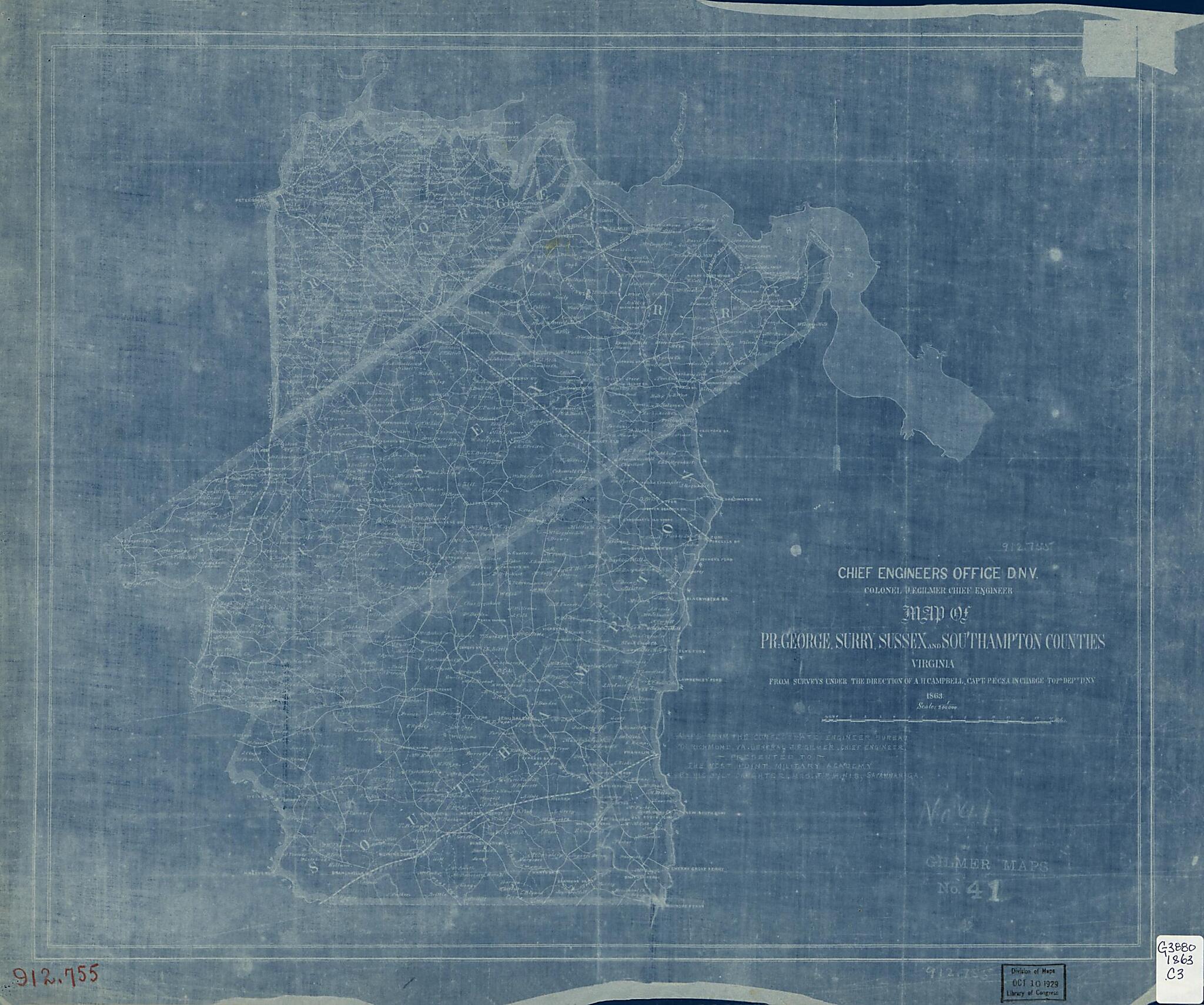 This old map of Map of Pr. George, Surry, Sussex and Southampton Counties, Virginia (Map of Prince George, Surry, Sussex and Southampton Counties, Virginia) from 1863 was created by Albert H. (Albert Henry) Campbell,  Confederate States of America. Army.