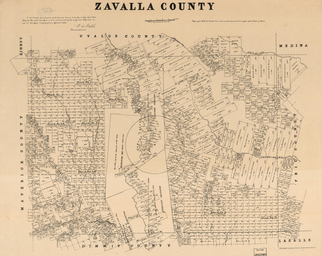 This old map of Zavalla sic. County. (Zavala County) from 1879 was created by  August Gast &amp; Co,  Texas. General Land Office, W. C. (William C.) Walsh in 1879