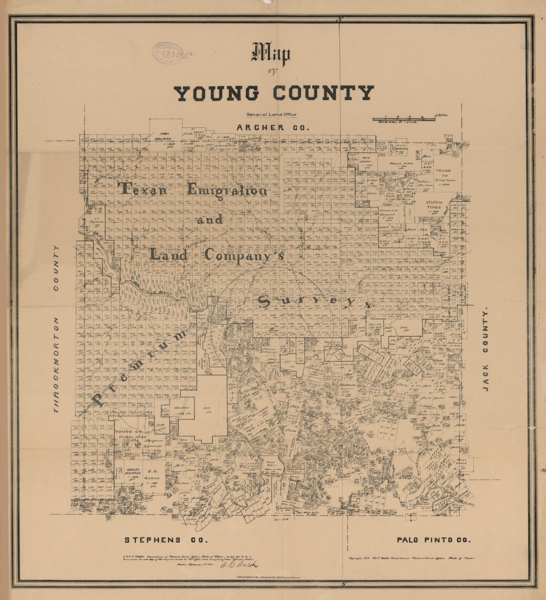 This old map of Map of Young County from 1880 was created by  August Gast &amp; Co,  Texas. General Land Office, W. C. (William C.) Walsh in 1880