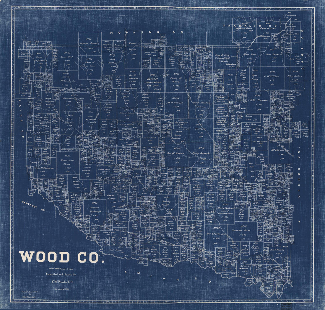 This old map of Wood Co. (Wood County, Texas) from 1895 was created by Chas. W. Pressler in 1895