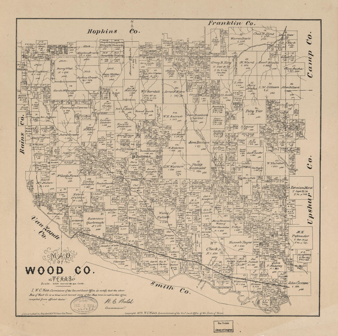 This old map of Map of Wood Co., Texas from 1879 was created by  August Gast &amp; Co,  Texas. General Land Office, W. C. (William C.) Walsh in 1879