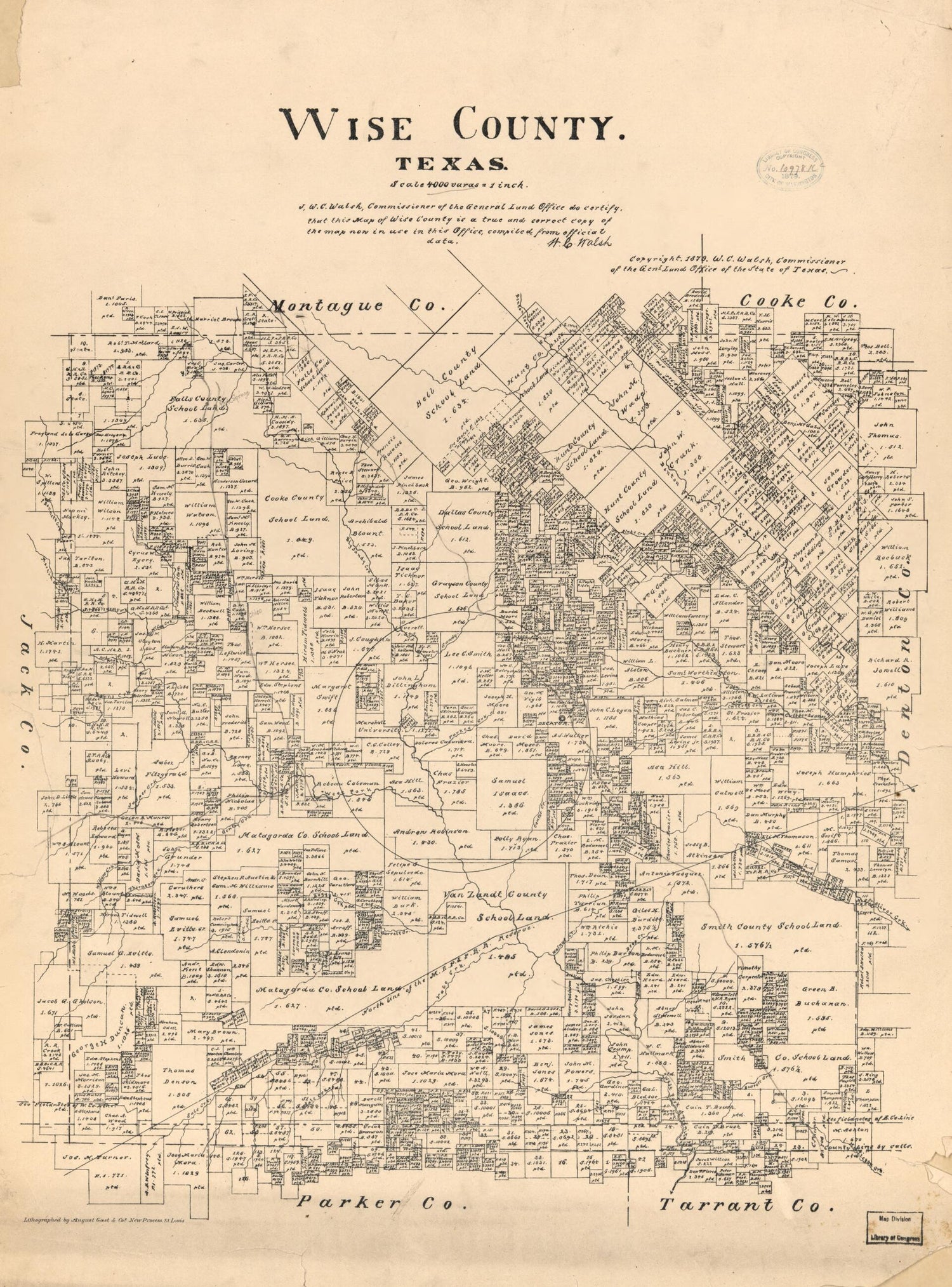 This old map of Wise County, Texas from 1879 was created by  August Gast &amp; Co,  Texas. General Land Office, W. C. (William C.) Walsh in 1879