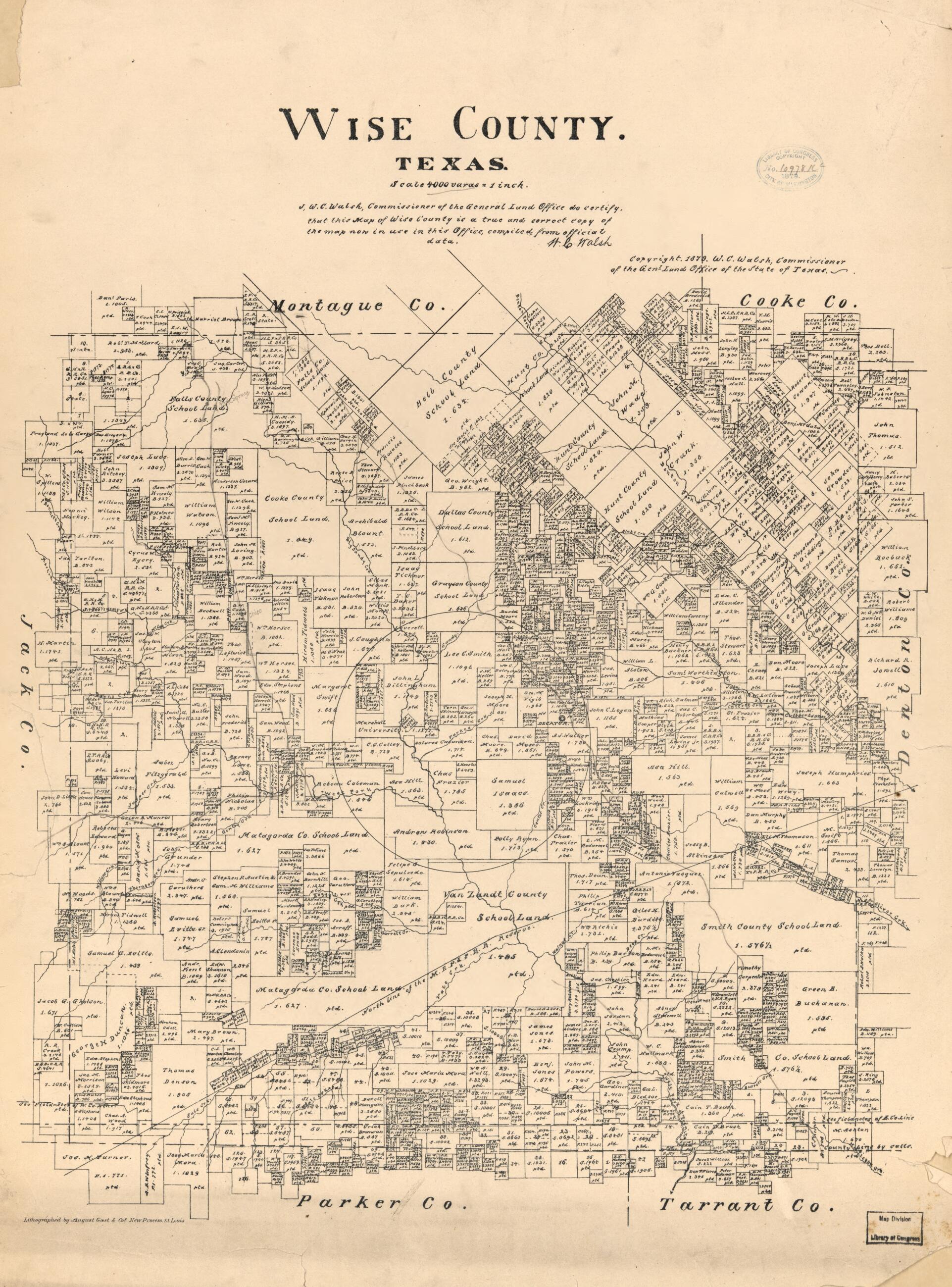 This old map of Wise County, Texas from 1879 was created by  August Gast &amp; Co,  Texas. General Land Office, W. C. (William C.) Walsh in 1879