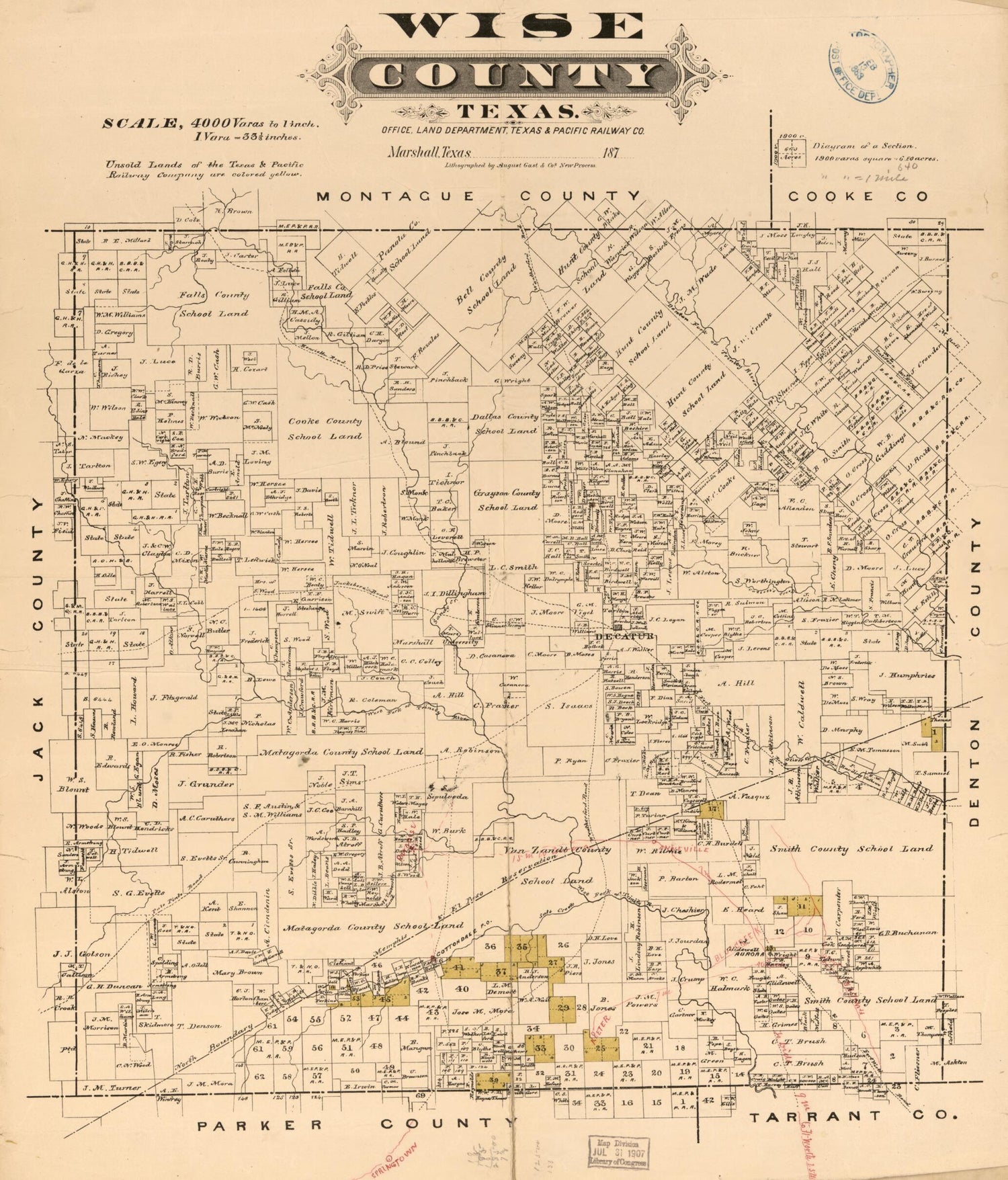 This old map of Wise County, Texas from 1870 was created by  August Gast &amp; Co,  Texas &amp; Pacific Railway in 1870