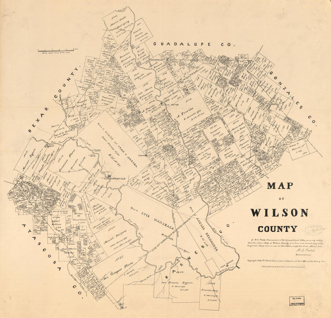 This old map of Map of Wilson County from 1879 was created by  August Gast &amp; Co,  Texas. General Land Office, W. C. (William C.) Walsh in 1879