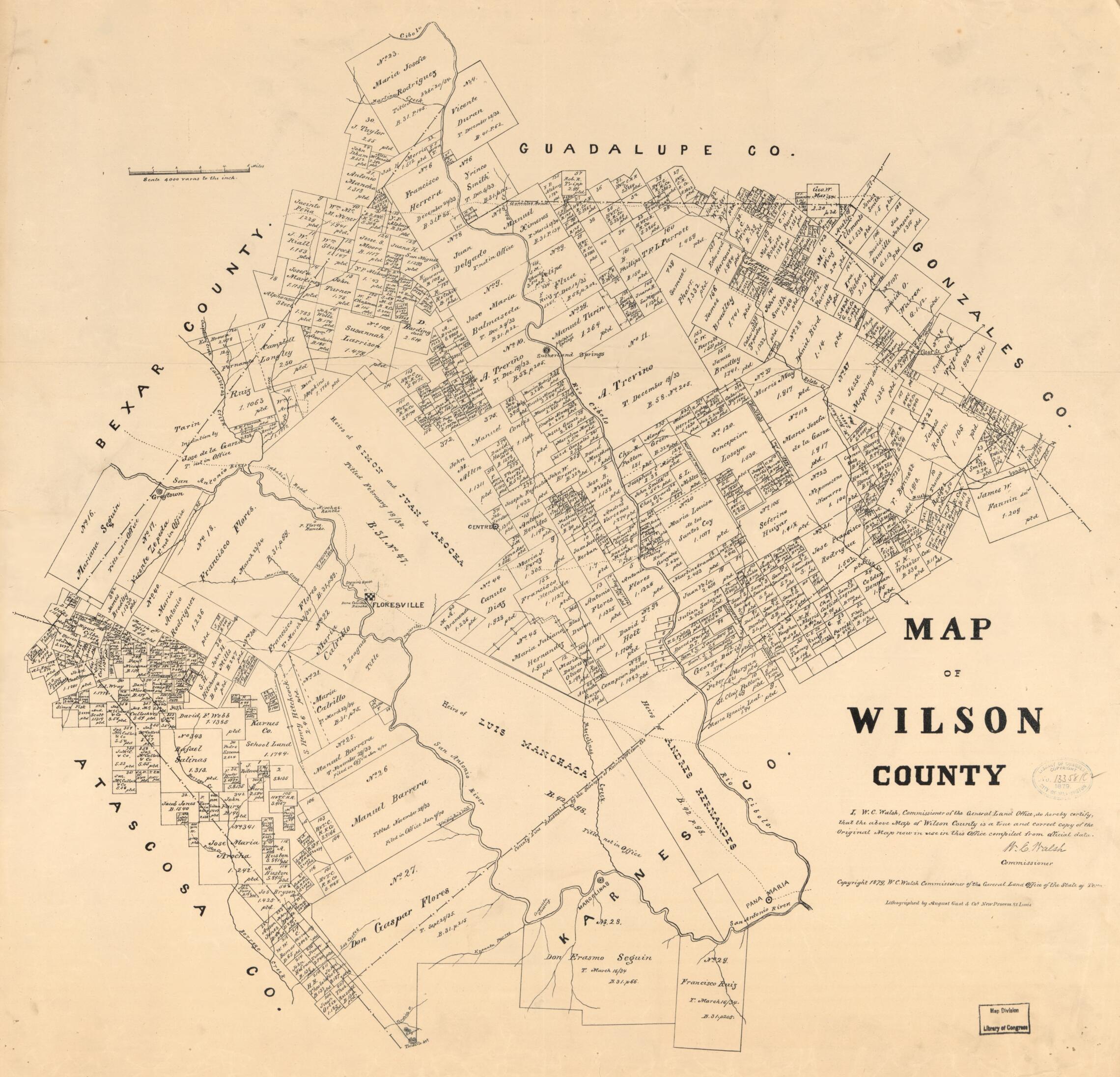 This old map of Map of Wilson County from 1879 was created by  August Gast &amp; Co,  Texas. General Land Office, W. C. (William C.) Walsh in 1879