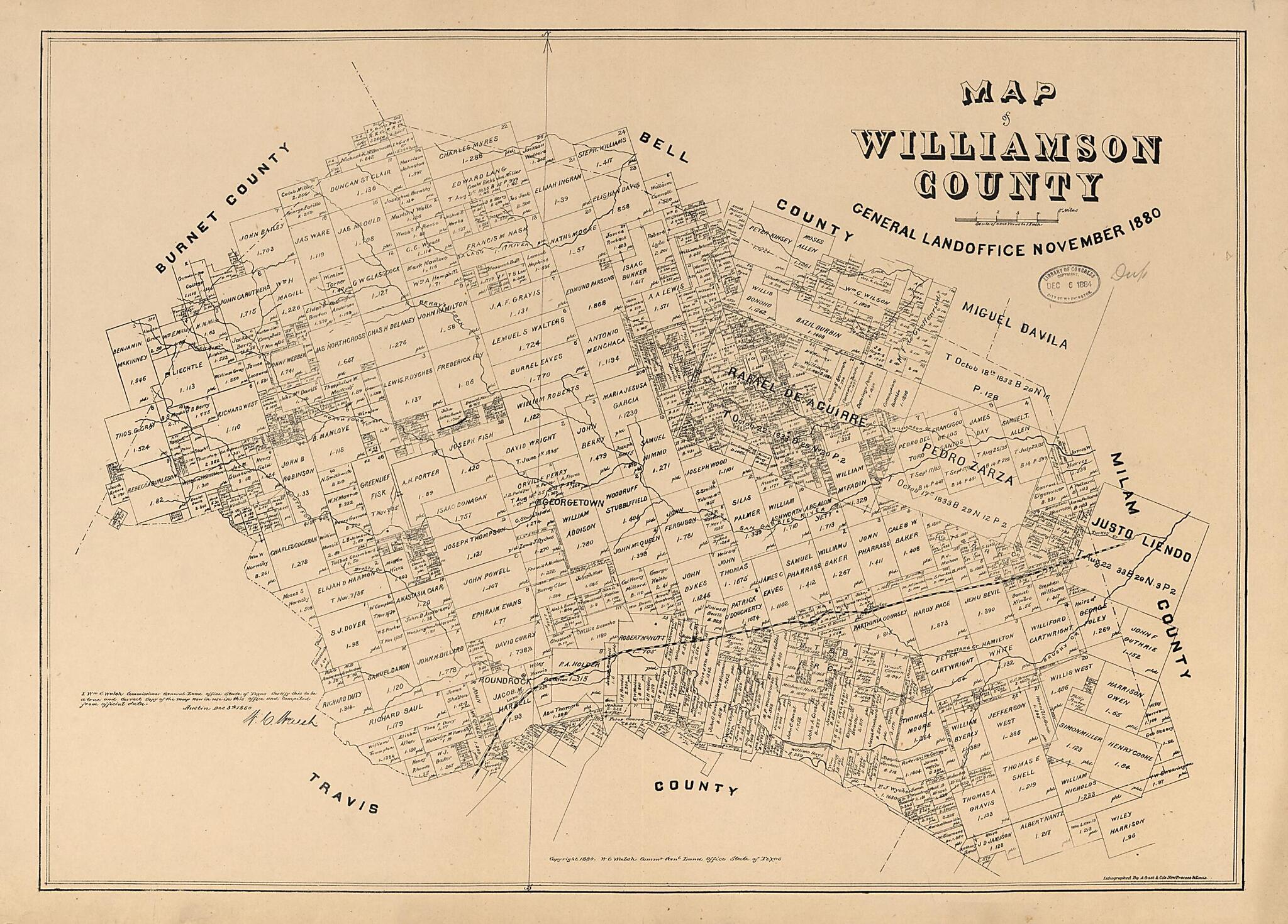 This old map of Map of Williamson County from 1880 was created by  August Gast &amp; Co,  Texas. General Land Office, W. C. (William C.) Walsh in 1880