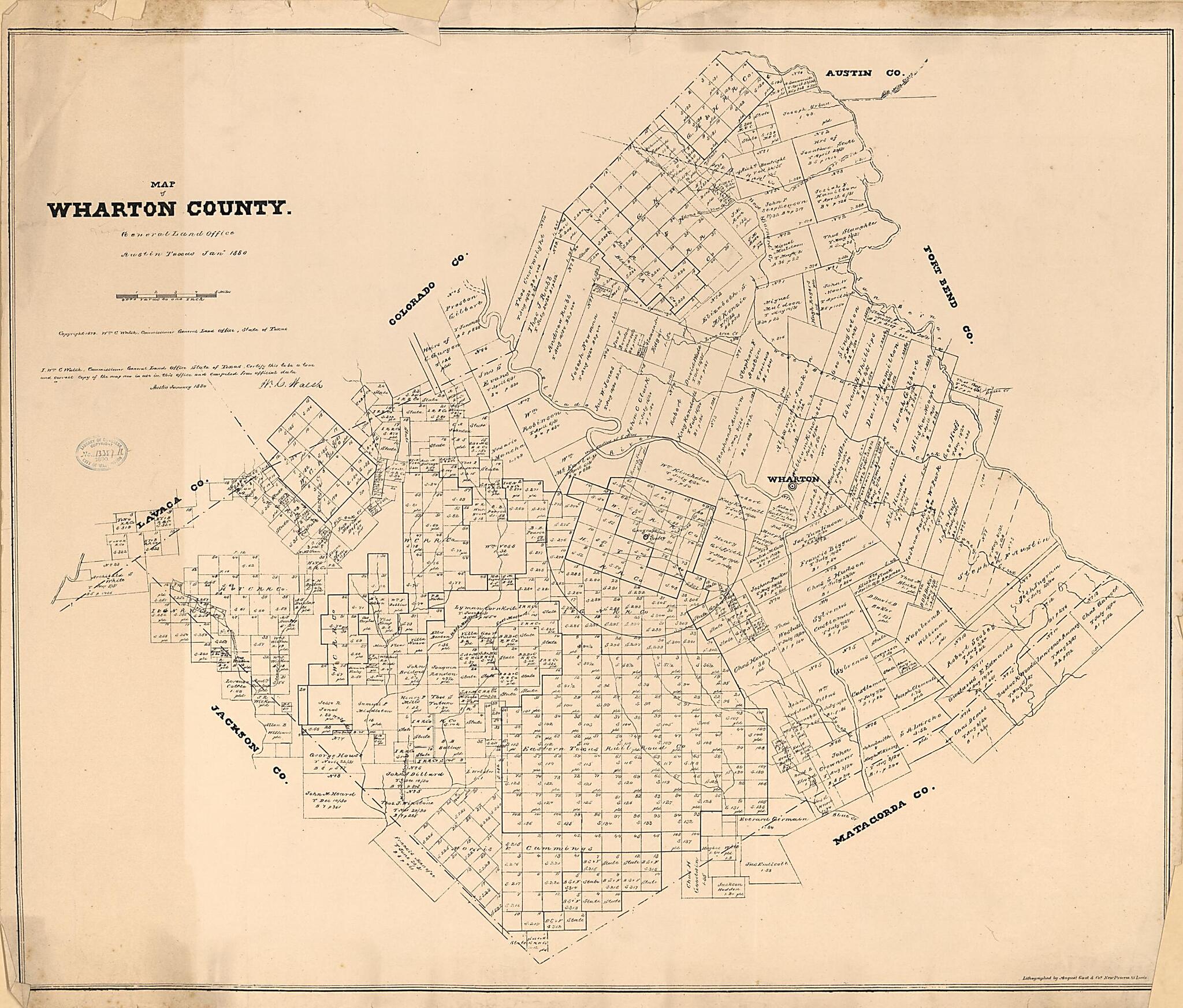 This old map of Map of Wharton County from 1880 was created by  August Gast &amp; Co,  Texas. General Land Office, W. C. (William C.) Walsh in 1880