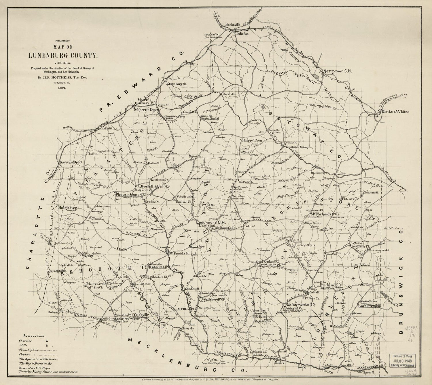 This old map of Preliminary Map of Lunenburg County, Virginia (Map of Lunenburg County, Virginia) from 1871 was created by Jedediah Hotchkiss in 1871