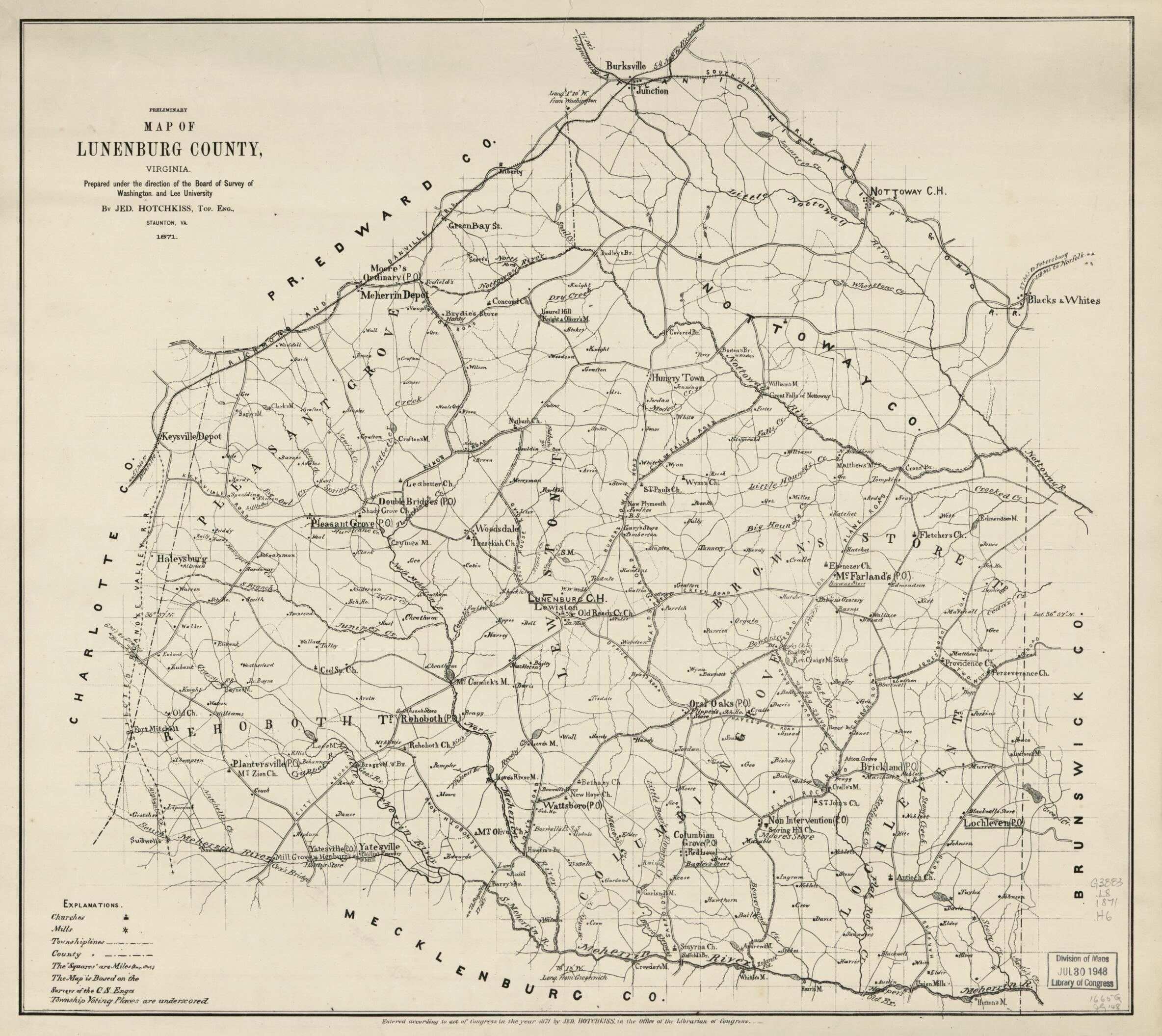 This old map of Preliminary Map of Lunenburg County, Virginia (Map of Lunenburg County, Virginia) from 1871 was created by Jedediah Hotchkiss in 1871