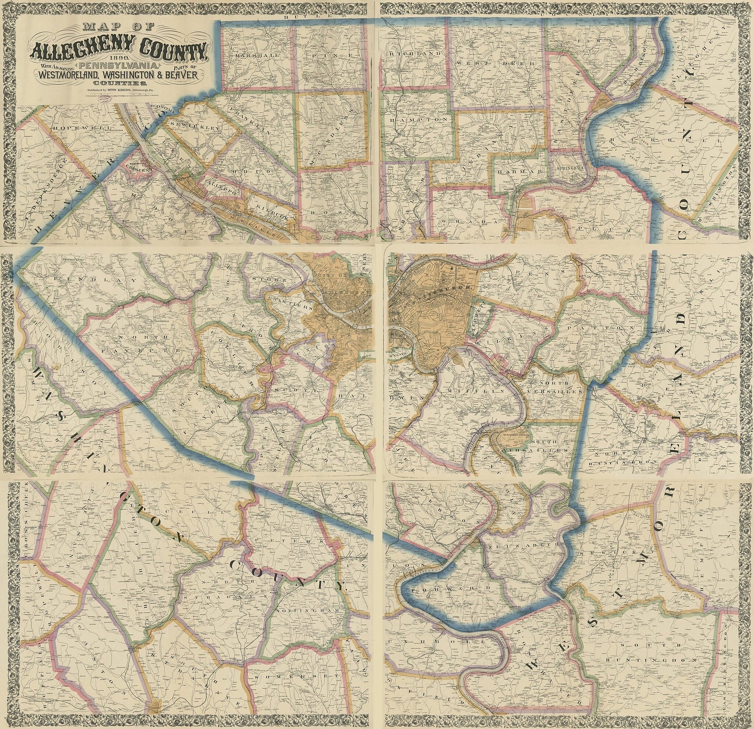 This old map of Map of Allegheny County, Pennsylvania, from 1890 : With Adjoining Parts of Westmoreland, Washington &amp; Beaver Counties was created by Otto Krebs in 1890