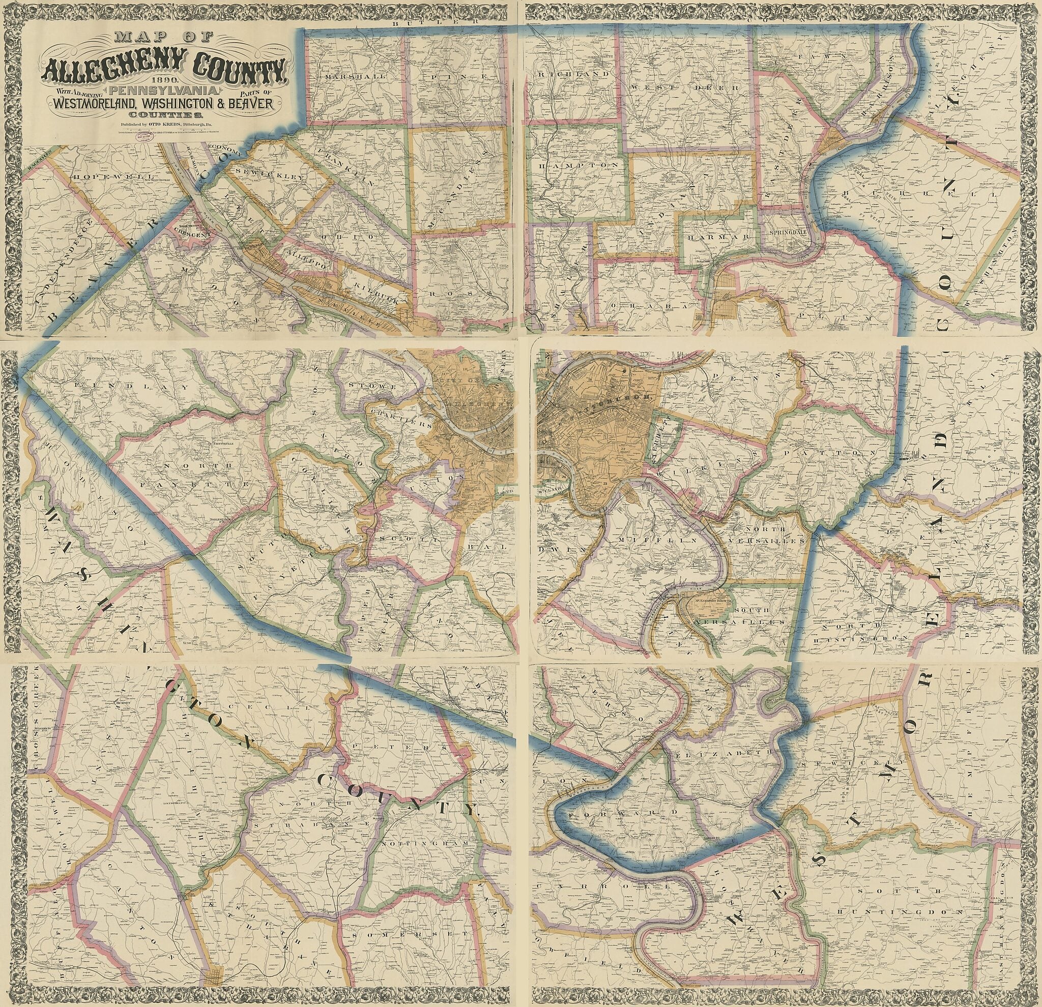 This old map of Map of Allegheny County, Pennsylvania, from 1890 : With Adjoining Parts of Westmoreland, Washington &amp; Beaver Counties was created by Otto Krebs in 1890