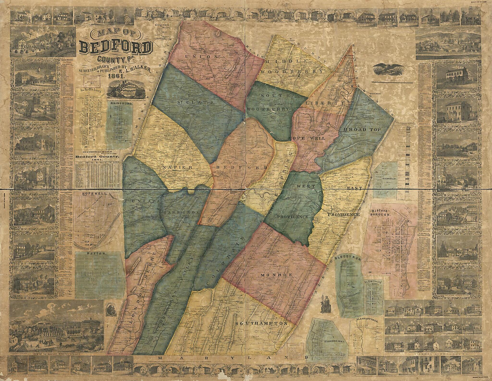 This old map of Map of Bedford County, Pennsylvania from 1861 was created by  G.F. Schuchman &amp; Co, Edward L. Walker in 1861