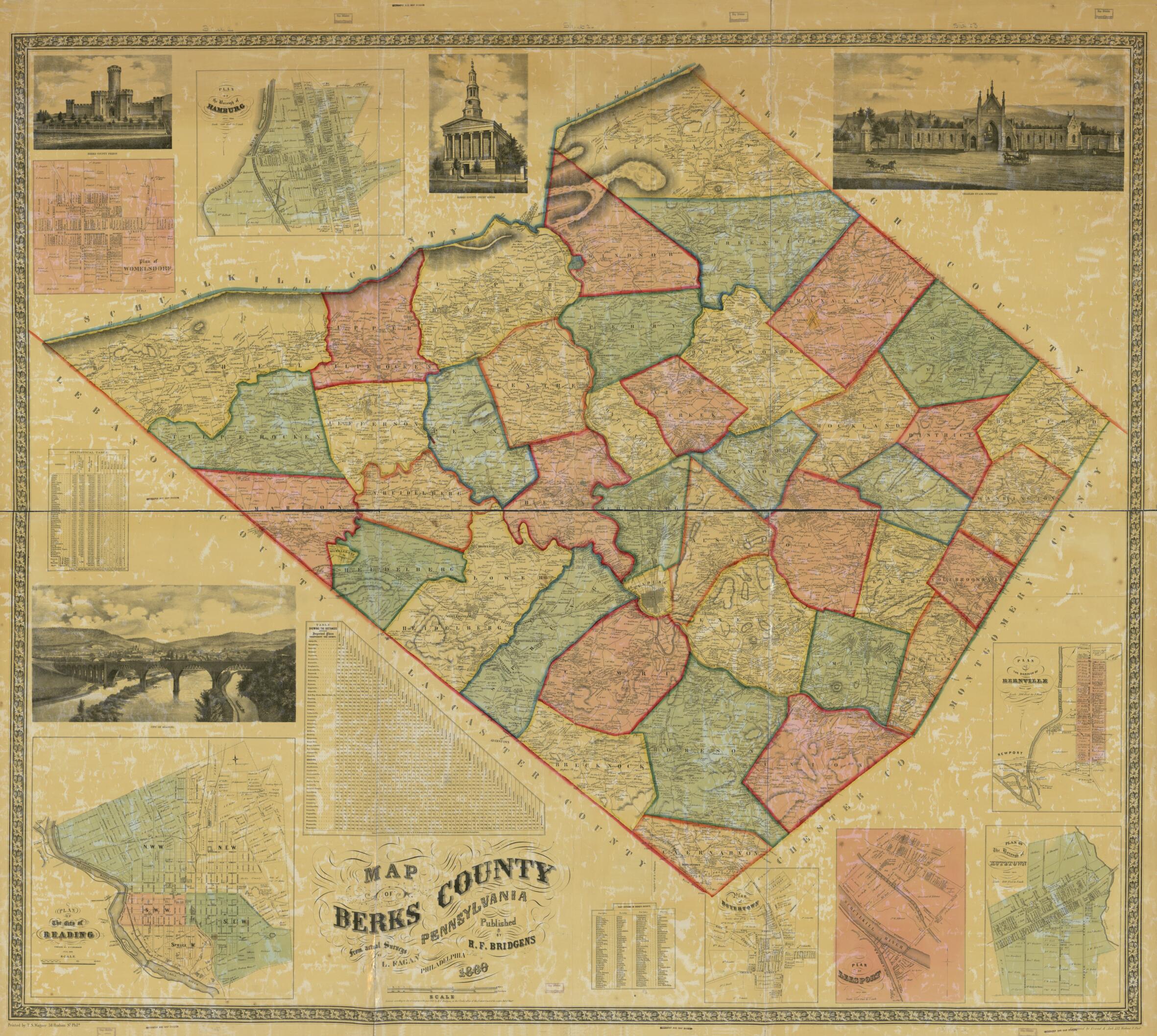 This old map of Map of Berks County, Pennsylvania : from Actual Surveys from 1860 was created by H. F. (Henry F.) Bridgens, L. Fagan,  Friend &amp; Aub, T. S. (Thomas S.) Wagner in 1860