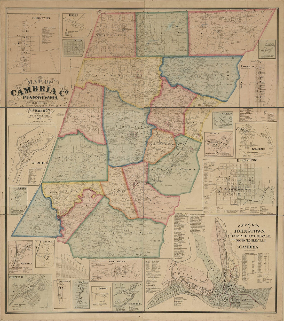 This old map of Map of Cambria County, Pennsylvania : from Actual Surveys & Official Records from 1867 was created by D. G. (Daniel G.) Beers, F. (Frederick) Bourquin, J. H. Goodhue, A. Pomeroy, Frederick B. Roe,  Worley & Bracher in 1867