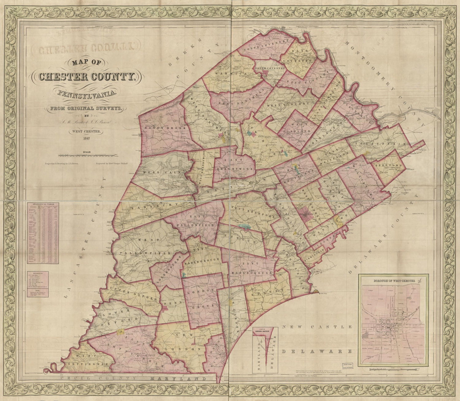 This old map of Map of Chester County, Pennsylvania : from Original Surveys from 1847 was created by John S. Bowen, E. (Edward) Yeager in 1847