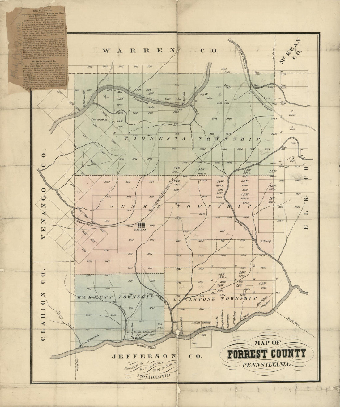This old map of Map of Forest County, Pennsylvania from 1858 was created by Rufus L. Barnes in 1858
