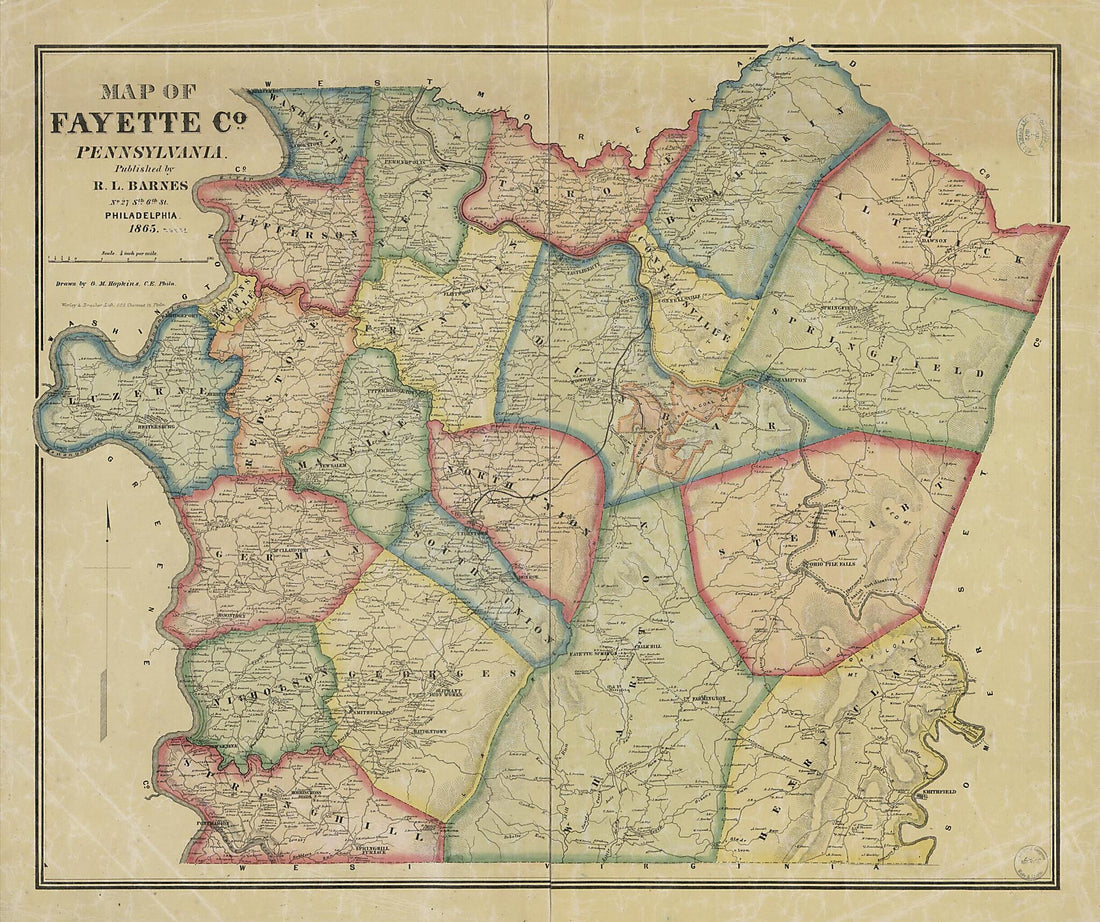 This old map of Map of Fayette County, Pennsylvania from 1865 was created by Rufus L. Barnes, Griffith Morgan Hopkins,  Worley &amp; Bracher in 1865