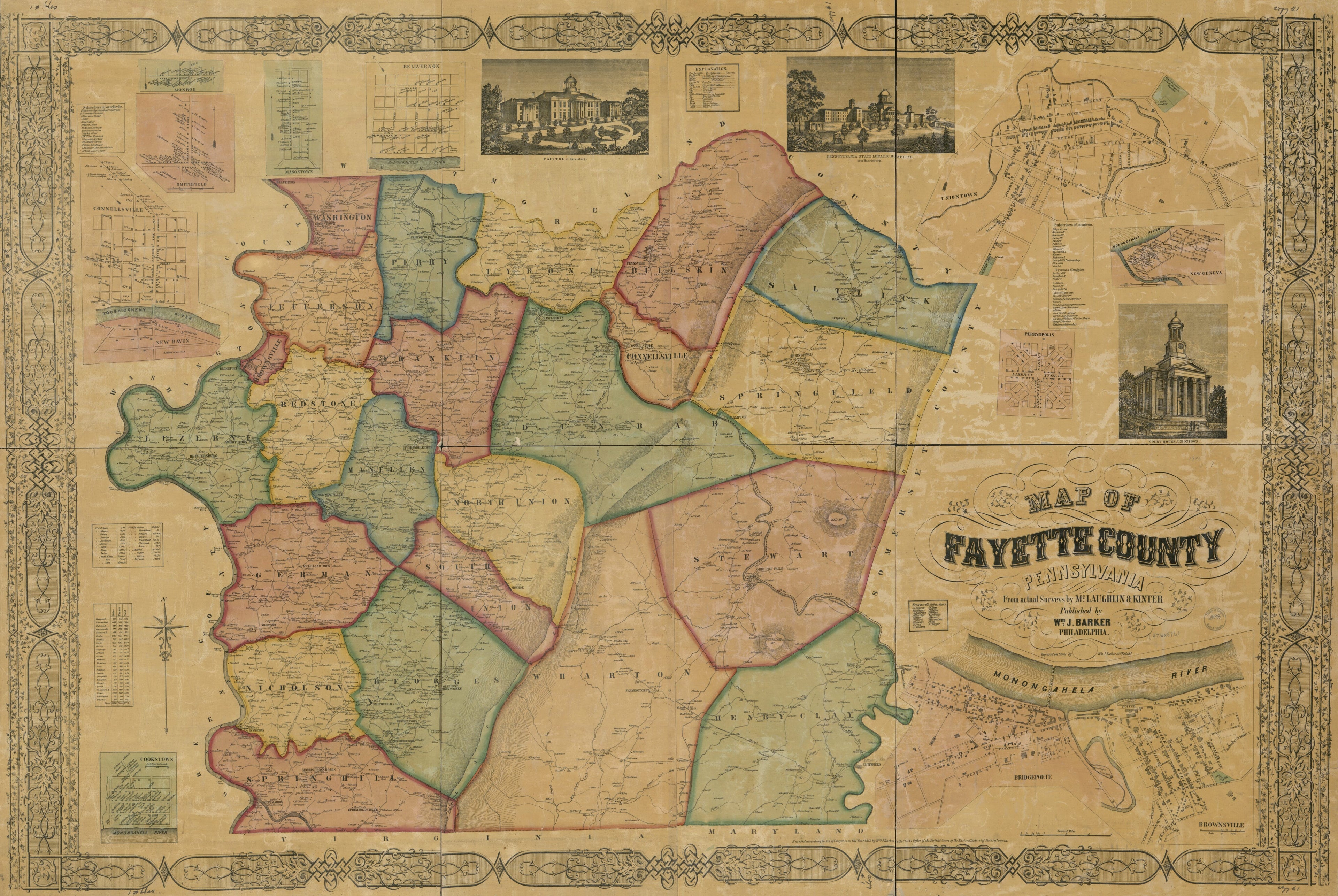 This old map of Map of Fayette County, Pennsylvania : from Actual Surveys from 1858 was created by Wm. J. (William J.) Barker,  McLaughlin &amp; Kinter,  Wm. J. Barker &amp; Co in 1858