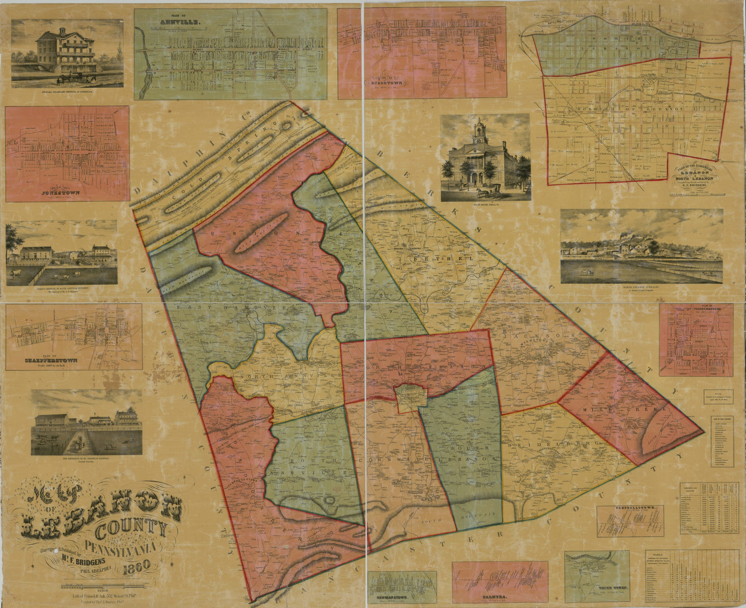 This old map of Map of Lebanon County, Pennsylvania from 1860 was created by H. F. (Henry F.) Bridgens,  Friend &amp; Aub, T. S. (Thomas S.) Wagner in 1860