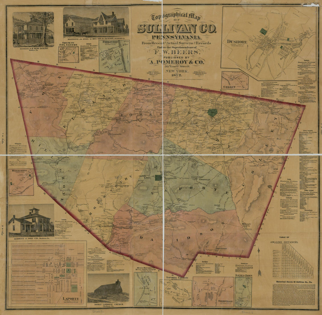 This old map of Topographical Map of Sullivan Co., Pennsylvania : from Recent and Actual Surveys and Records from 1872 was created by  A. Pomeroy & Co, F. W. (Frederick W.) Beers, Chas. (Charles) Hart, Louis E. Neumann in 1872