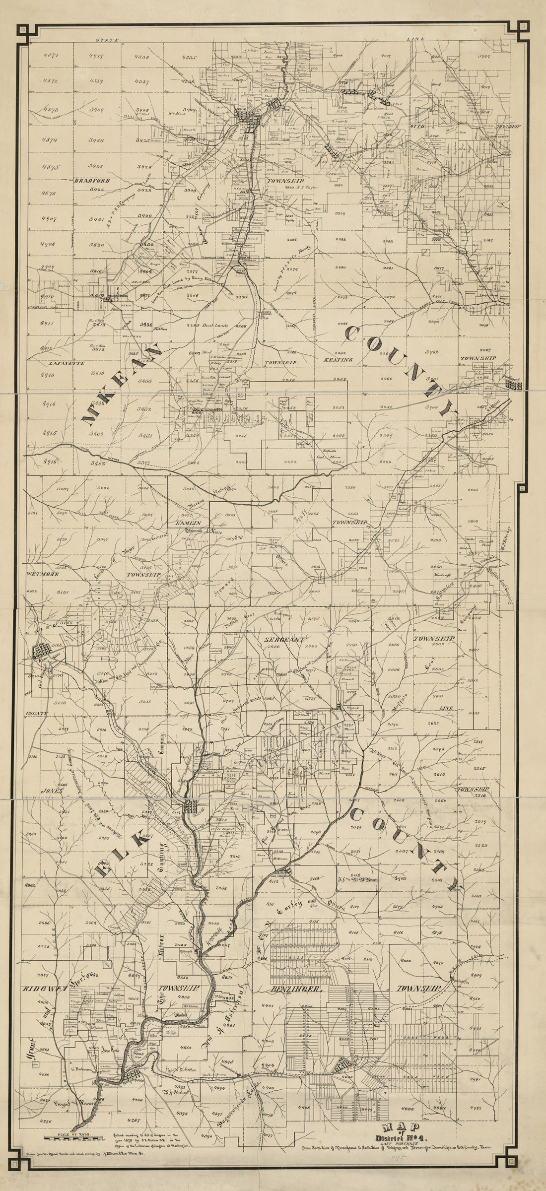 This old map of Map of District No. 4., Last Purchase : from North Line of Pennsylvania to South Line of Ridgway and Benninger Townships, Elk County, Pennsylvania : parts of Elk and McKean Counties, Pennsylvania from 1878 was created by J. L. Brown in 18