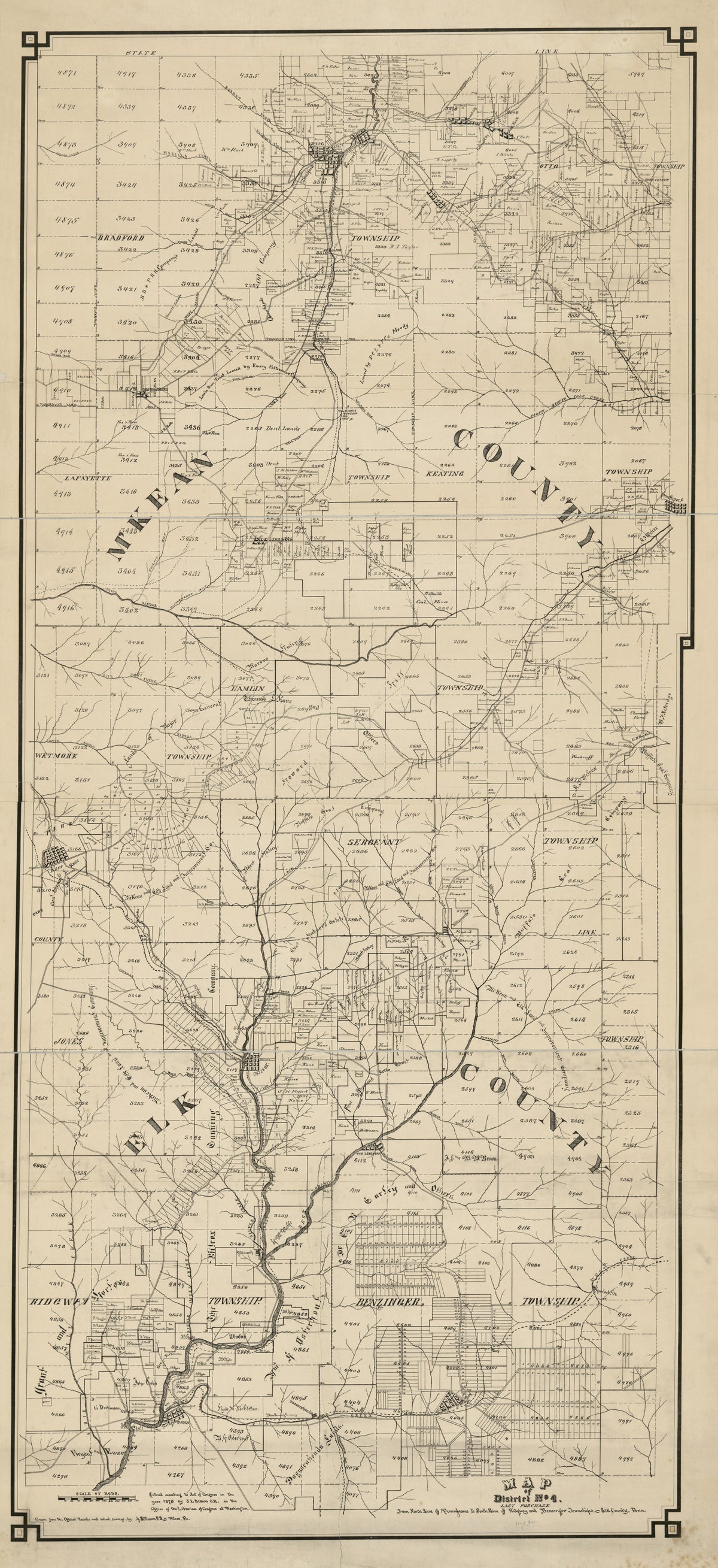 Map of District No. 4., Last Purchase : From North Line of Pennsylvania to South Line of Ridgway and Benninger Townships, Elk County, Pennsylvania : parts of Elk and McKean Counties, Pennsylvania in 1878 by Relic Map Company