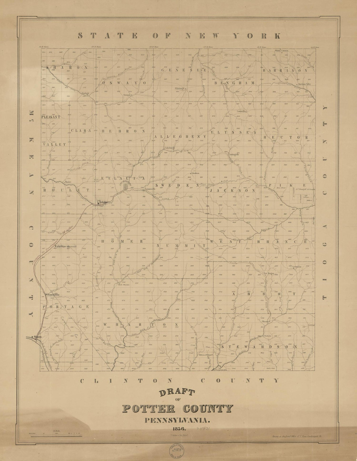 This old map of Draft of Potter County, Pennsylvania from 1856 was created by  Land Office of S. Ross,  T. Sinclair&