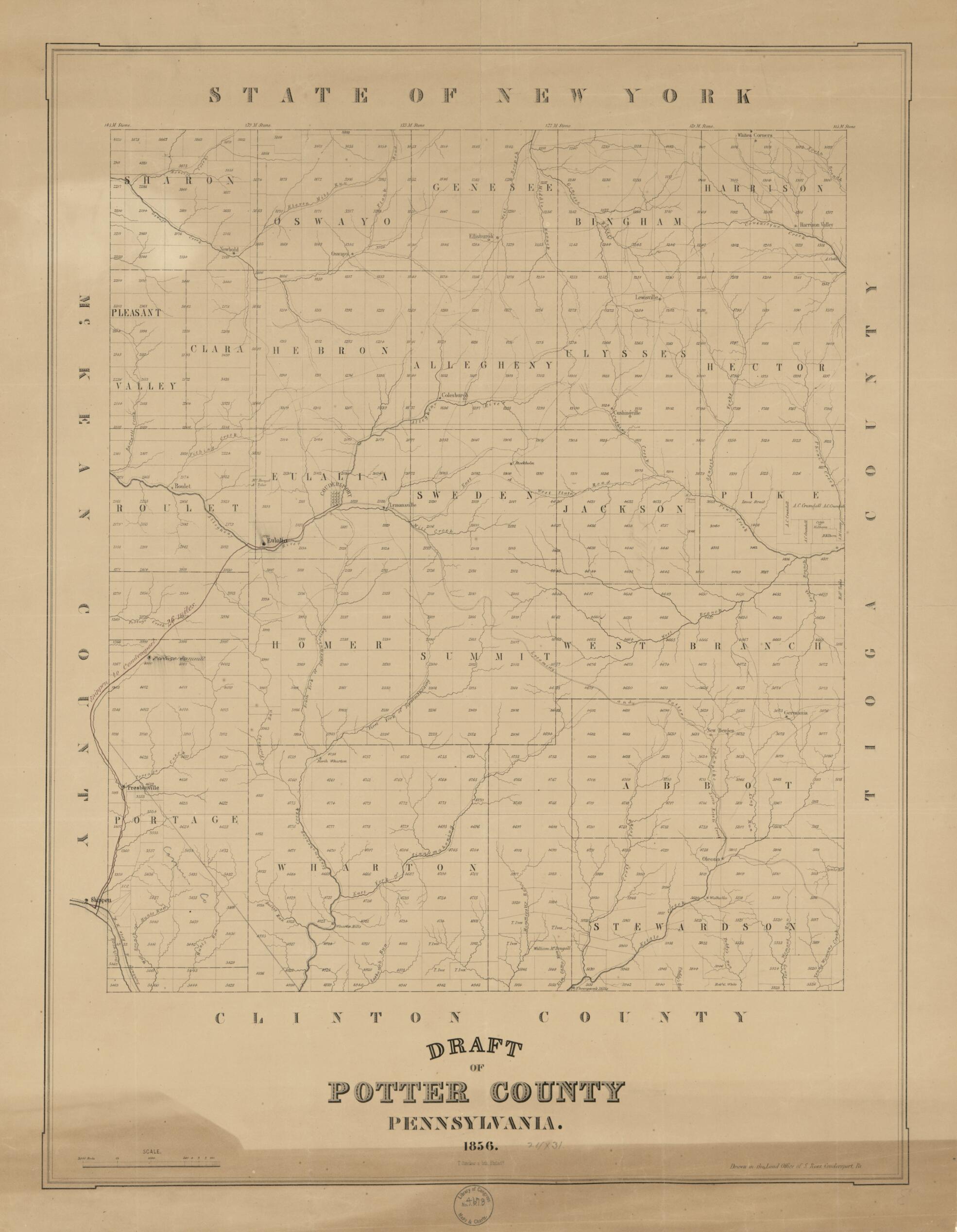 This old map of Draft of Potter County, Pennsylvania from 1856 was created by  Land Office of S. Ross,  T. Sinclair&