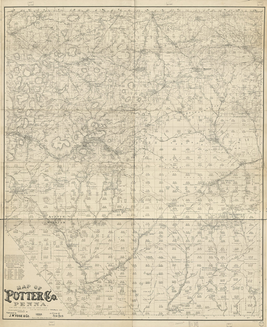 This old map of Map of Potter County, Penna. : from Recent and Actual Surveys and Official Records from 1893 was created by F. W. (Frederick W.) Beers, W. A. Crosby,  J.W. Vose &amp; Co in 1893