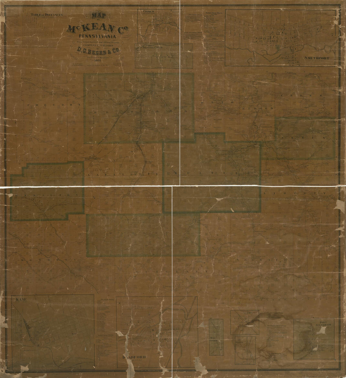 This old map of Map of McKean Co., Pennsylvania : from Actual Surveys and Official Records from 1871 was created by D. G. (Daniel G.) Beers, F. (Frederick) Bourquin,  D.G. Beers &amp; Co, J. H. Goodhue,  Worley &amp; Bracher in 1871