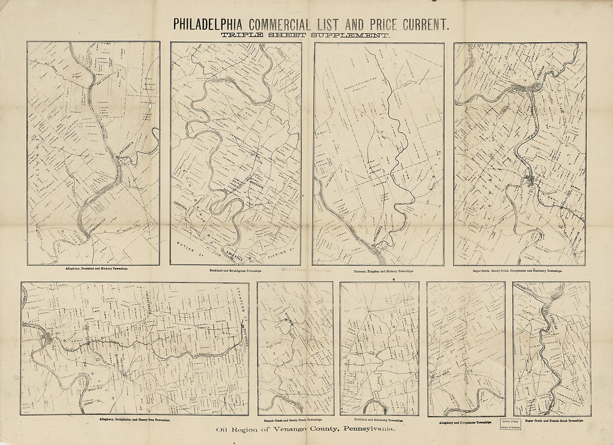 This old map of Oil Region of Venango County, Pennsylvania. (Philadelphia Commercial List and Price Current : Triple Sheet Supplement) from 1866 was created by L. N. (Louis N.) Rosenthal in 1866
