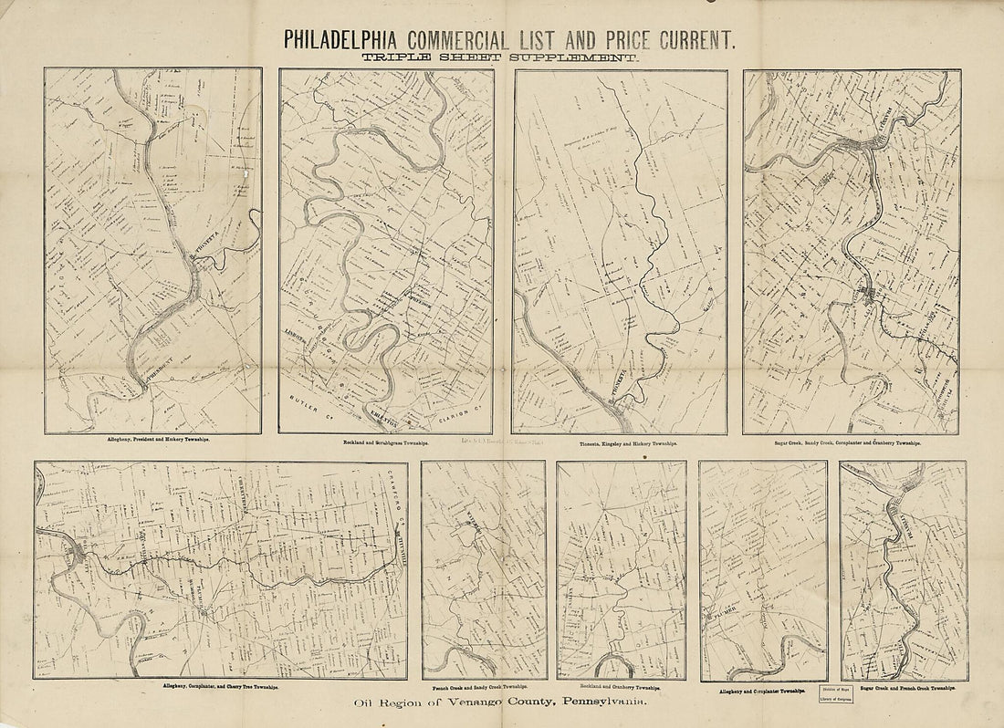 This old map of Oil Region of Venango County, Pennsylvania. (Philadelphia Commercial List and Price Current : Triple Sheet Supplement) from 1866 was created by L. N. (Louis N.) Rosenthal in 1866