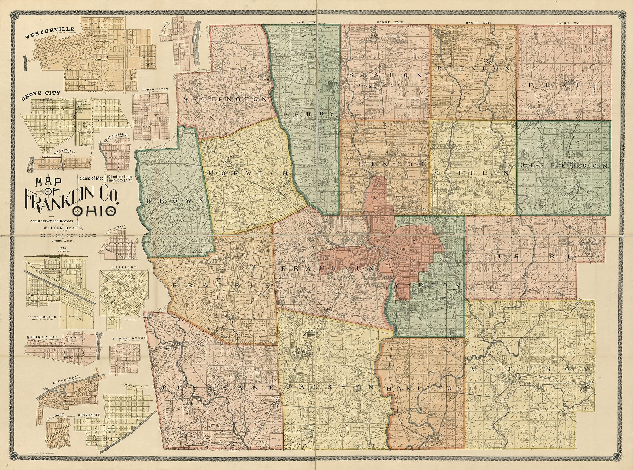 This old map of Map of Franklin County, Ohio from 1895 was created by Walter Braun,  Rand McNally and Company in 1895