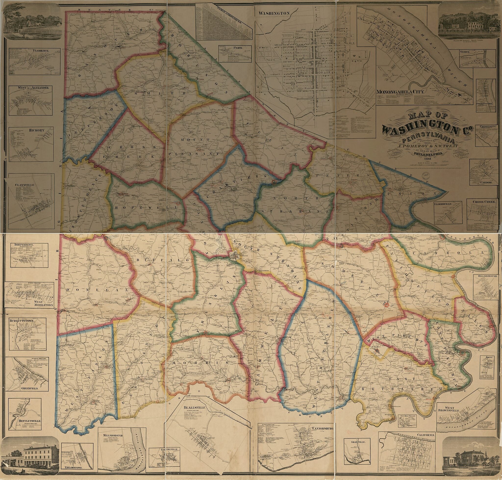 This old map of Map of Washington County, Pennsylvania : from Actual Surveys from 1861 was created by  A. Pomeroy &amp; S.W. Treat, F. W. (Frederick W.) Beers, S. N. Beers,  G.G. Soule &amp; E.H. Quick,  Worley &amp; Bracher in 1861