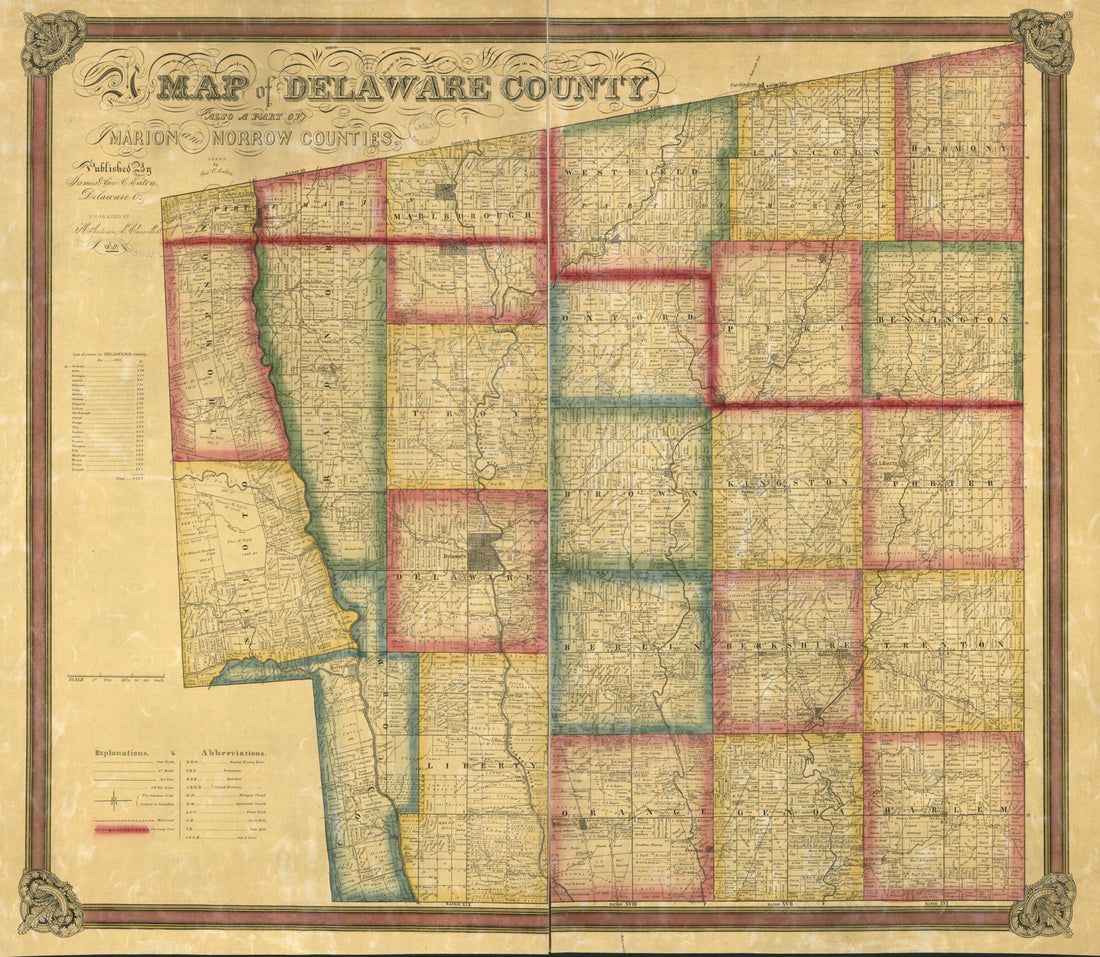 This old map of Map of Delaware County : Also a Part of Marion and Morrow Counties from 1849 was created by H. (Hugh) Anderson, Geo. C. Eaton in 1849