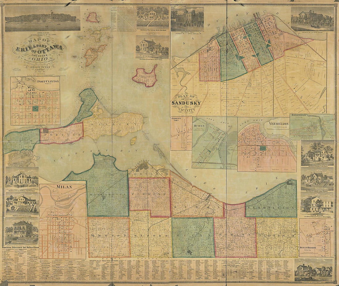 This old map of Map of Erie &amp; Part of Ottowa Counties, Ohio : Showing the Sections, Farms, Lots and Villages from 1863 was created by F. (Frederick) Bourquin, Philip Nunan,  Worley &amp; Bracher in 1863