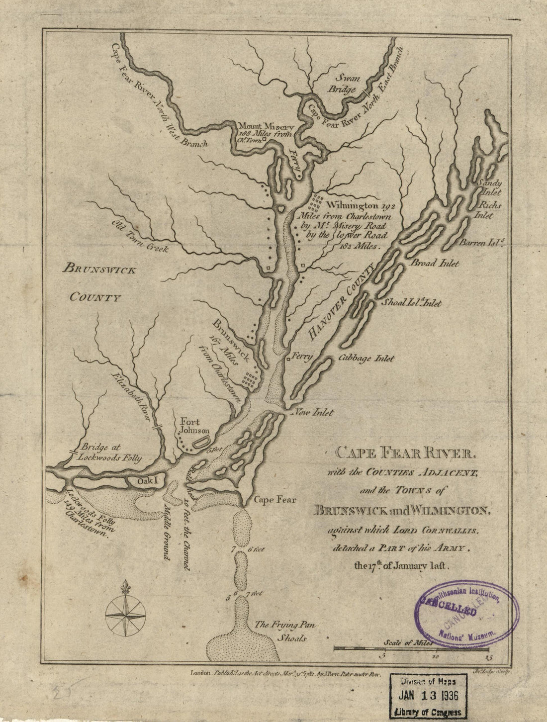 This old map of Cape Fear River, With the Counties Adjacent, and the Towns of Brunswick and Wilmington, Against Which Lord Cornwallis, Detached a Part of His Army, the 17th of January Laft Jno. Lodge, Sculp from 1781 was created by John Bew, John Lodge i
