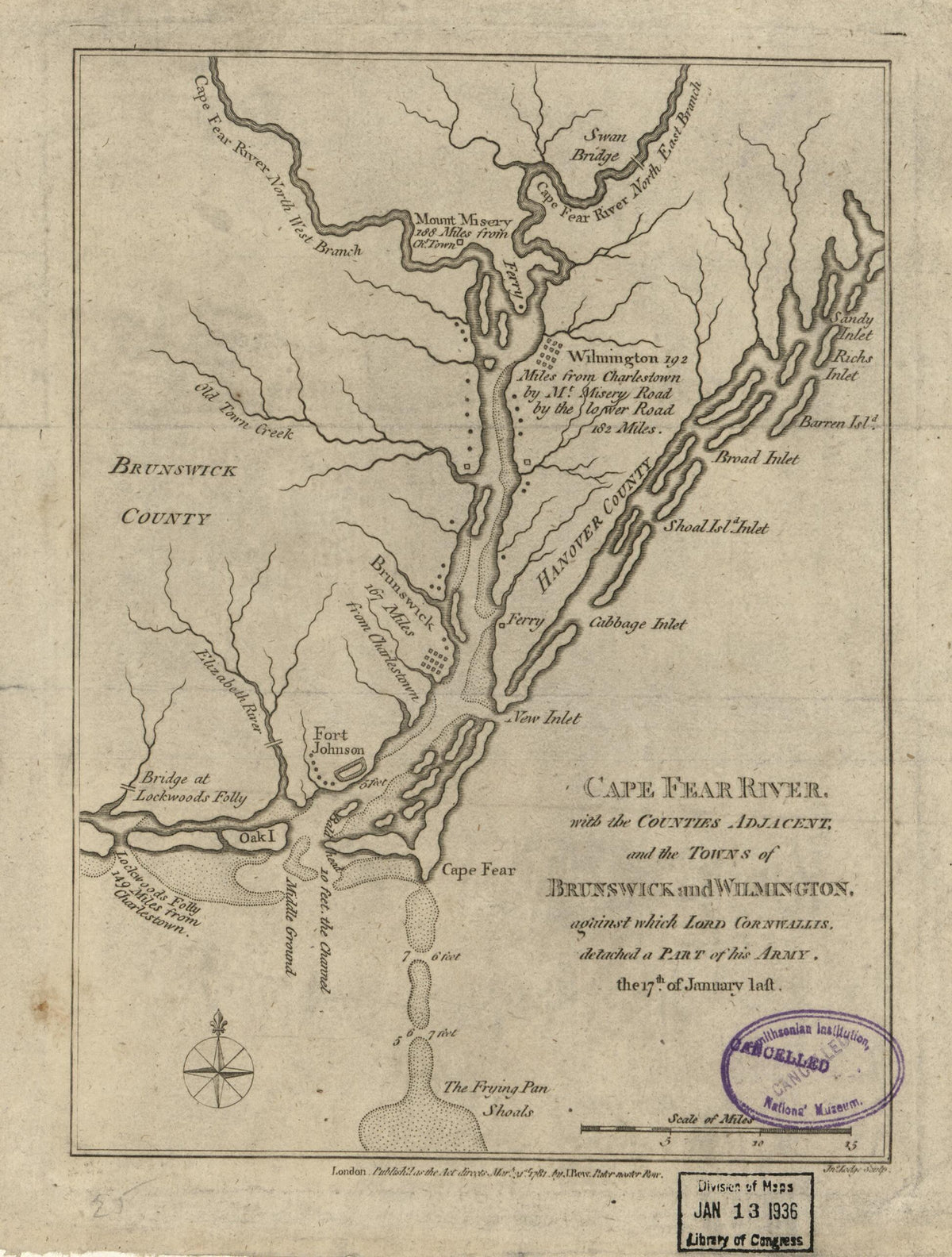 Cape Fear River, With the Counties Adjacent, and the Towns of Brunswick and Wilmington, Against Which Lord Cornwallis, Detached a Part of His Army, the 17th of January Laft Jno. Lodge, Sculp 1781 by Relic Map Company