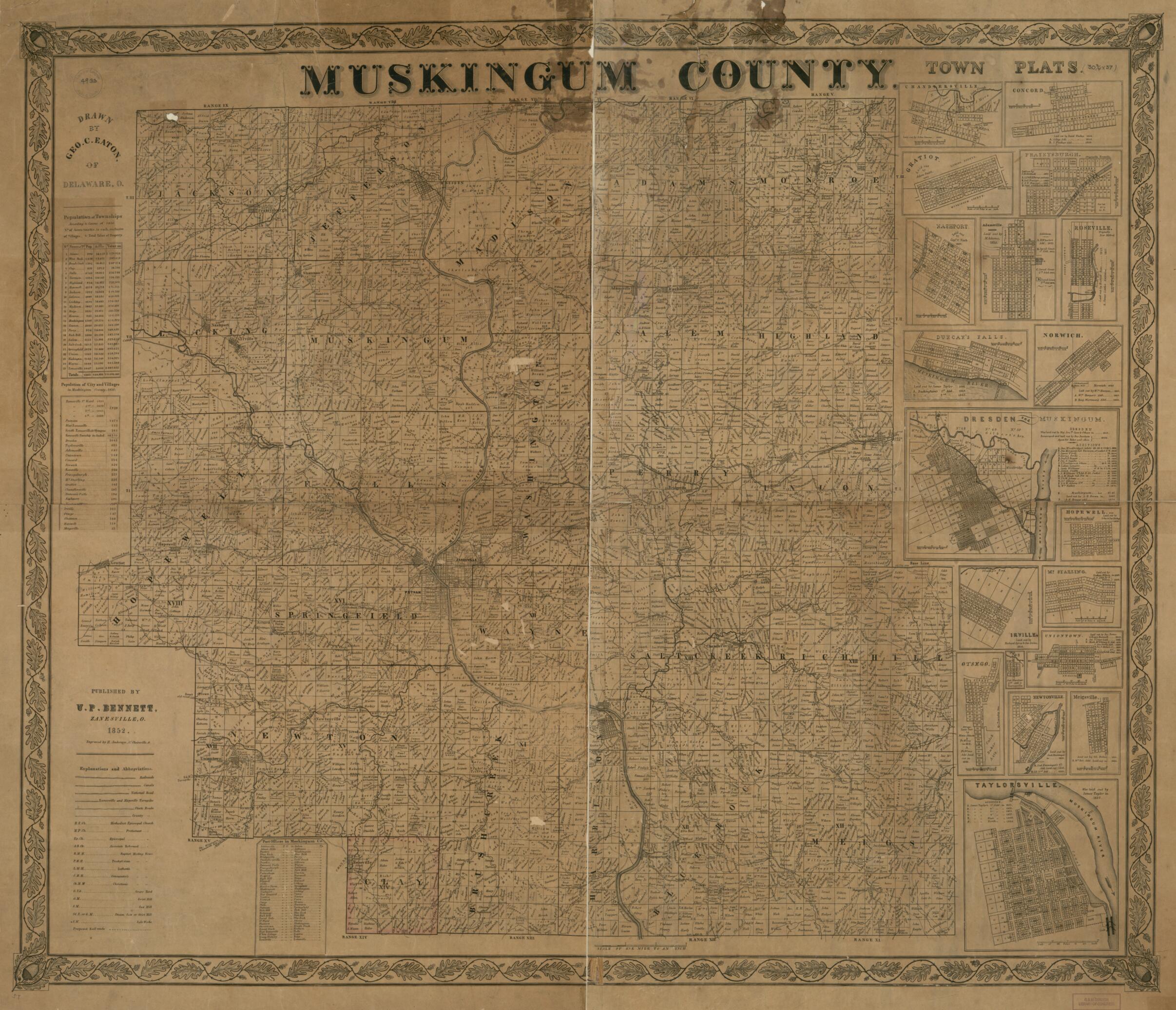 This old map of Map of Muskingum County from 1852 was created by Uriah P. Bennett, Geo. C. Eaton in 1852