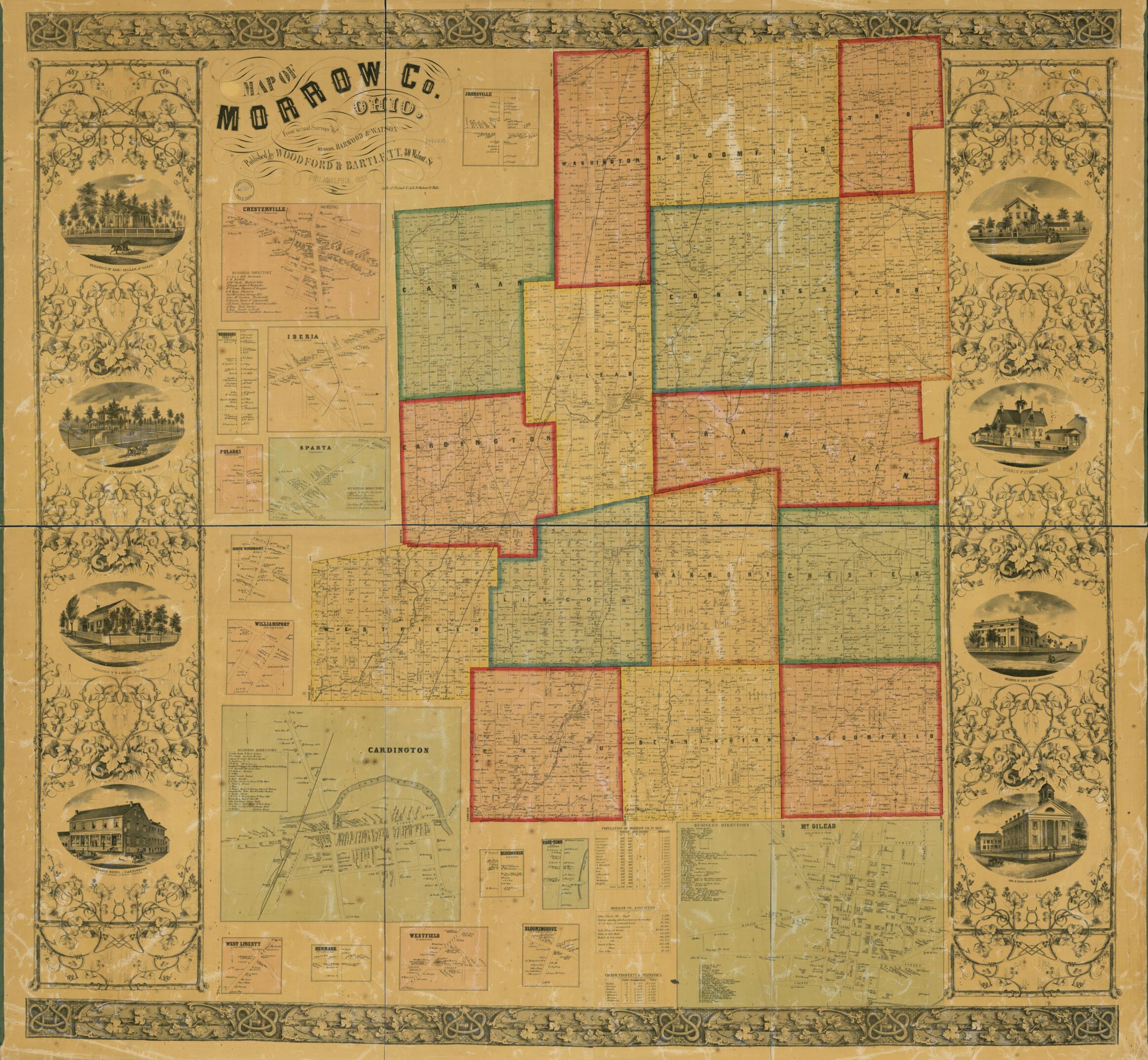 This old map of Map of Morrow Co., Ohio from 1857 was created by  Friend &amp; Aub,  Harwood &amp; Watson,  Woodford &amp; Bartlett in 1857