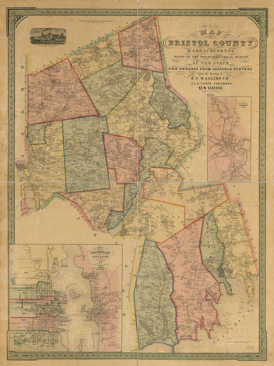 This old map of Map of Bristol County, Massachusetts from 1852 was created by Henry Francis Walling in 1852