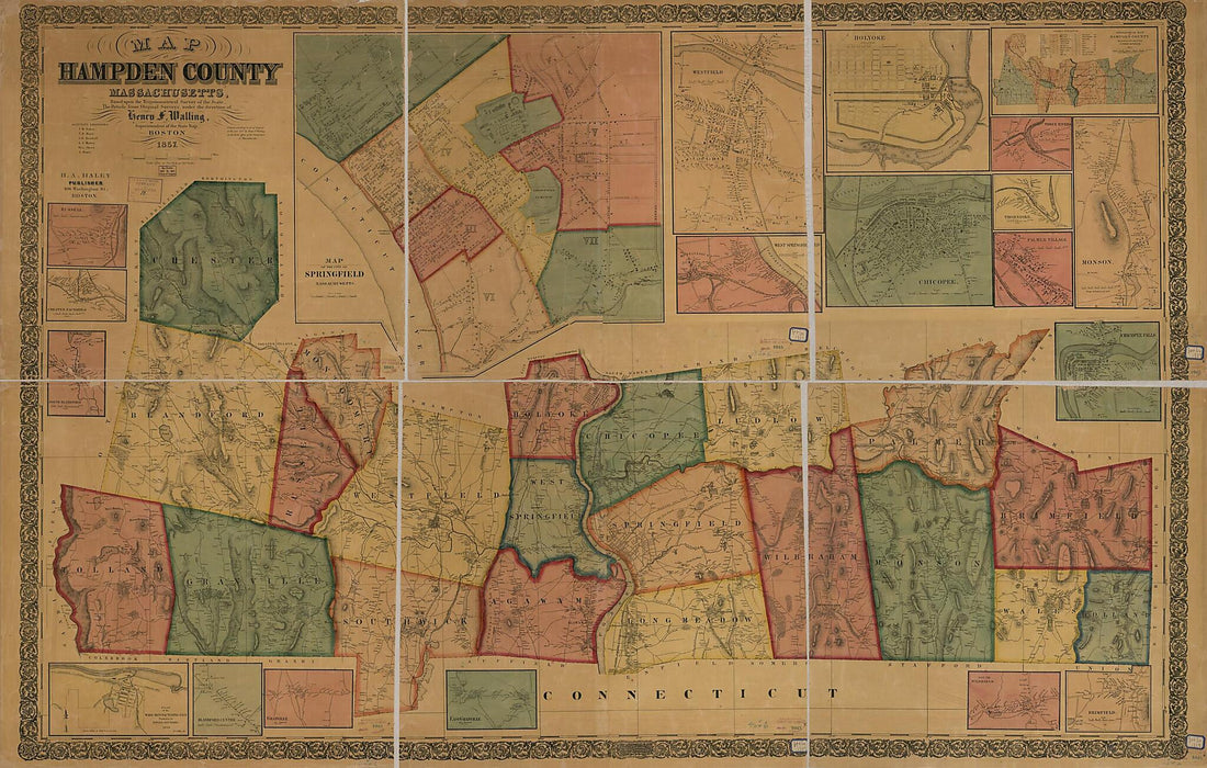 This old map of Map of Hampden County, Massachusetts (Hampden County, Massachusetts) from 1857 was created by T. W. Baker, Henry Francis Walling in 1857