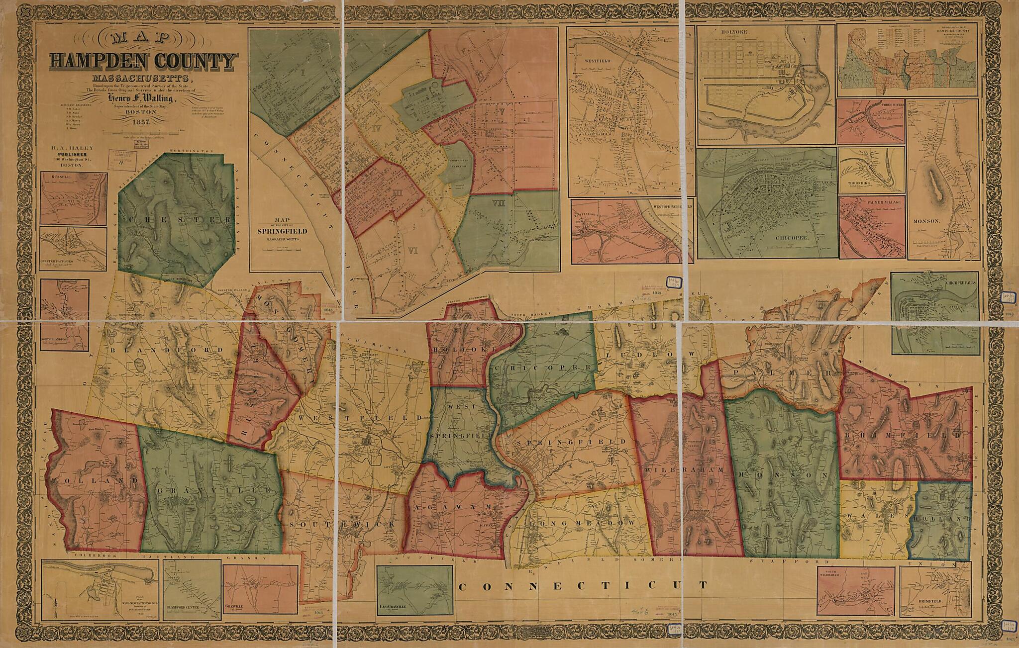 This old map of Map of Hampden County, Massachusetts (Hampden County, Massachusetts) from 1857 was created by T. W. Baker, Henry Francis Walling in 1857