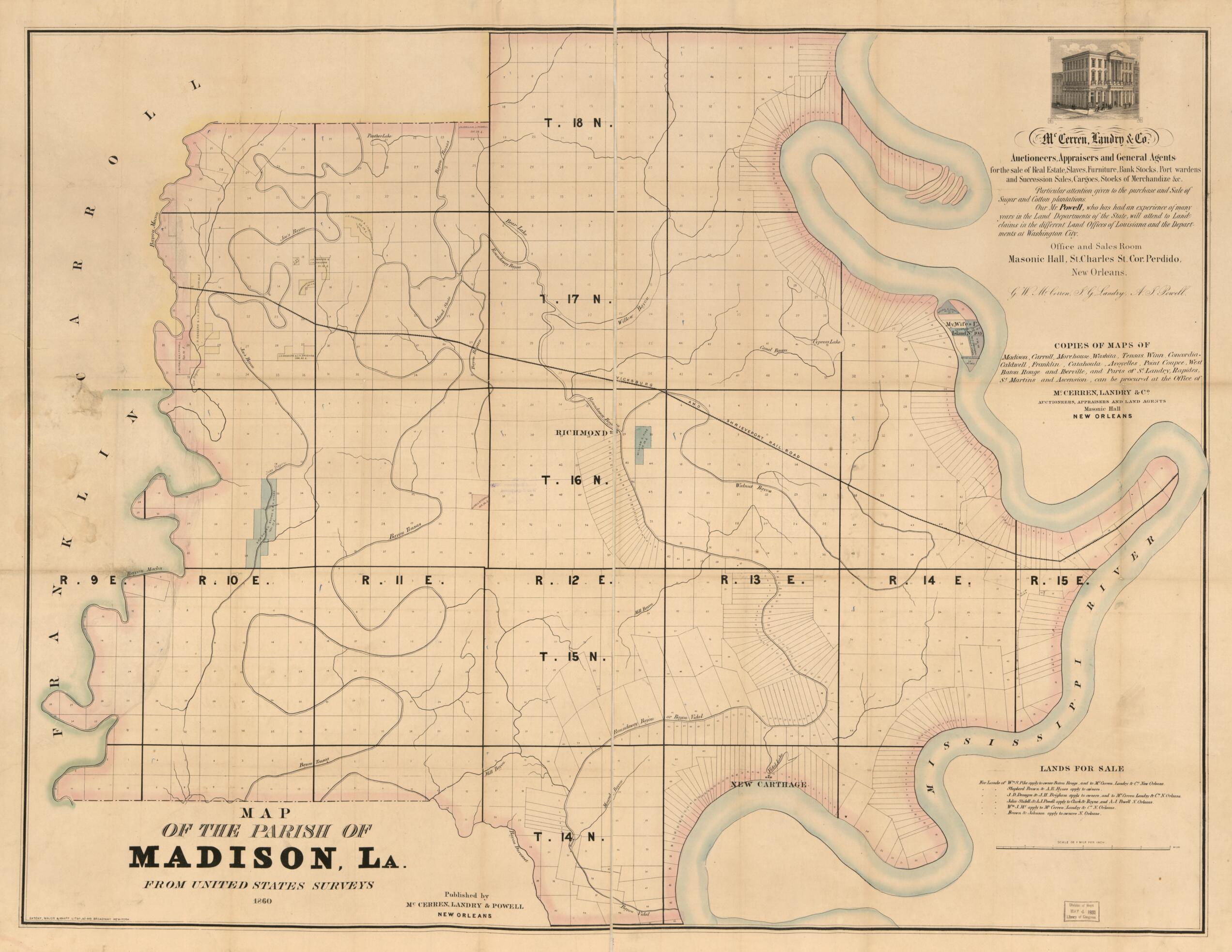 This old map of Map of the Parish of Madison, La. : from United States Surveys. (Map of the Parish of Madison, Louisiana) from 1860 was created by Landry &amp; Powell McCerren in 1860