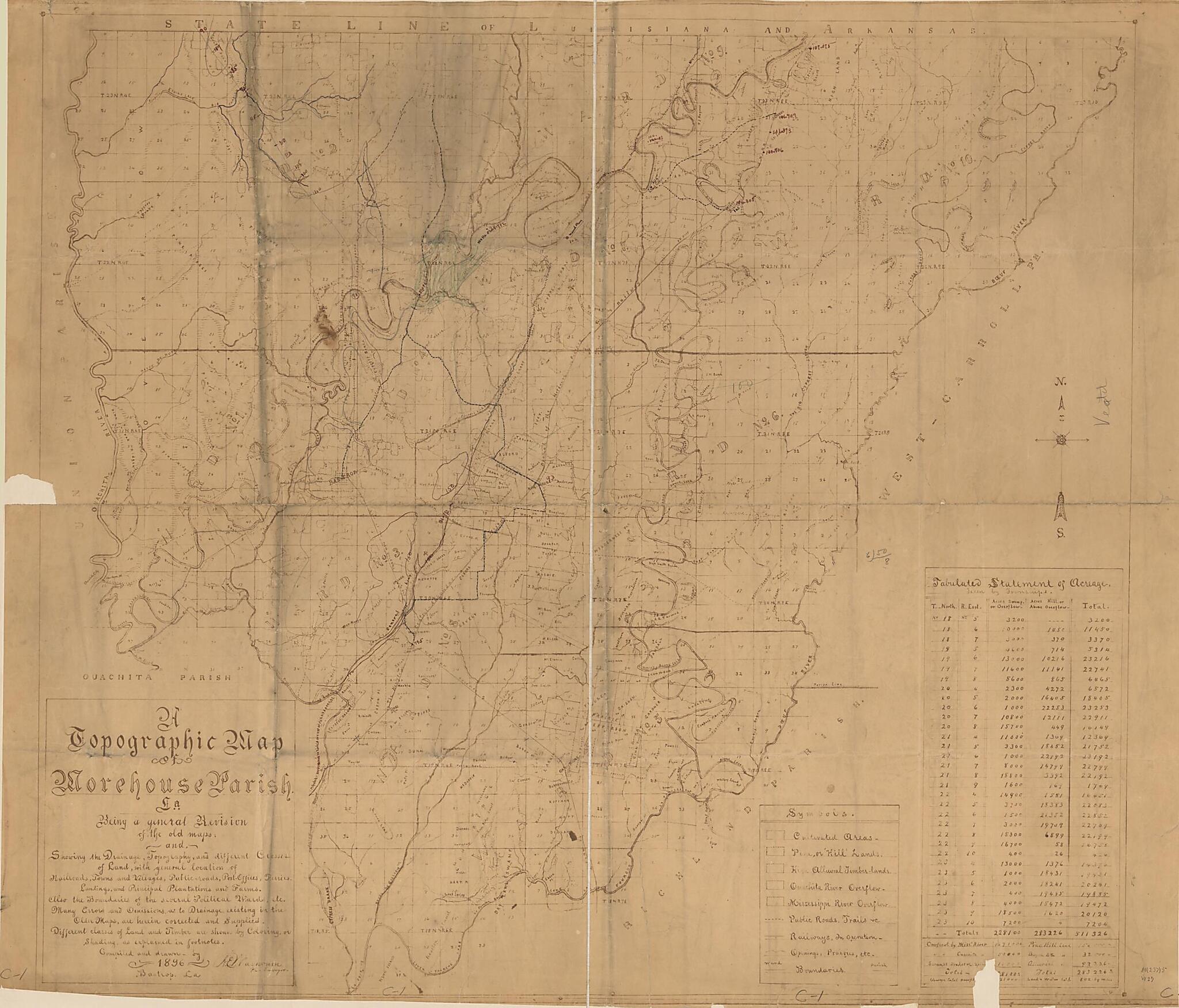 This old map of A Topographical Map of Morehouse Parish, La. : Being a General Revision of Old Maps from 1896 was created by A. E. Washburn in 1896