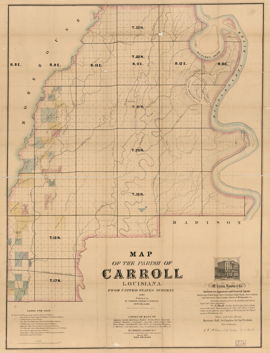 This old map of Map of the Parish of Carroll, Louisiana : from the United States Surveys from 1860 was created by Landry &amp; Powell McCerren in 1860