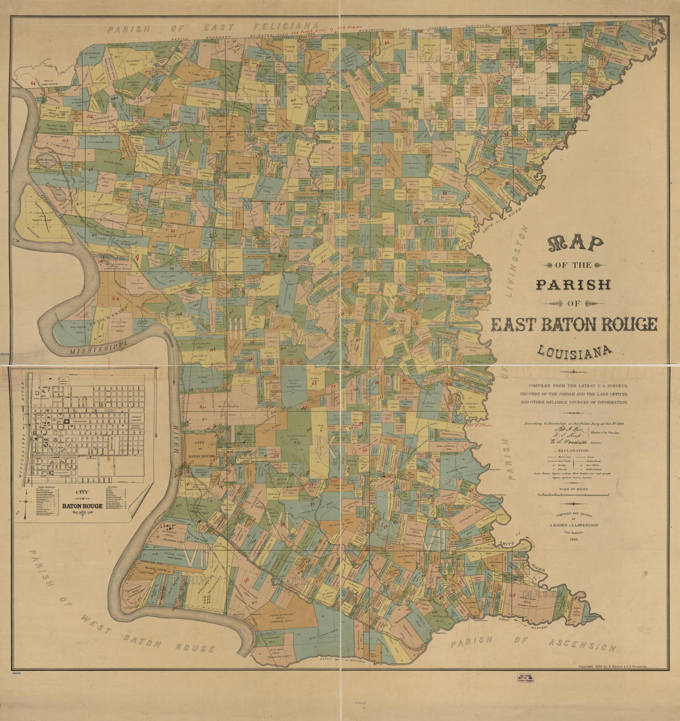 This old map of Map of the Parish of East Baton Rouge, Louisiana from 1895 was created by A. Kaiser, J. A. Swensson in 1895